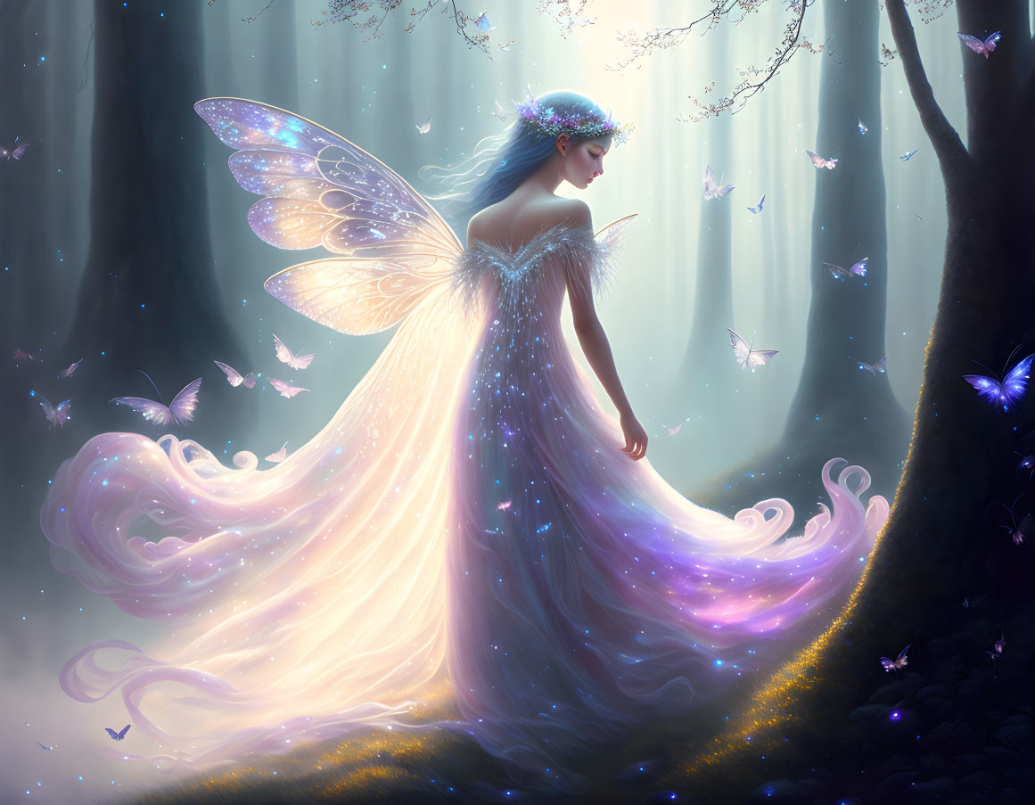 Luminescent fairy with wings in enchanted forest