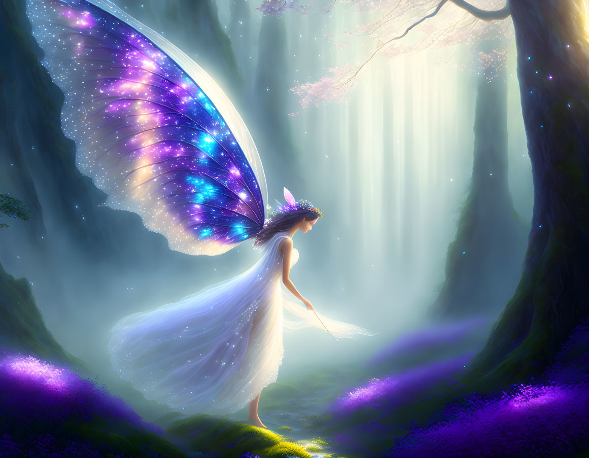 Ethereal fairy with iridescent wings in mystical forest