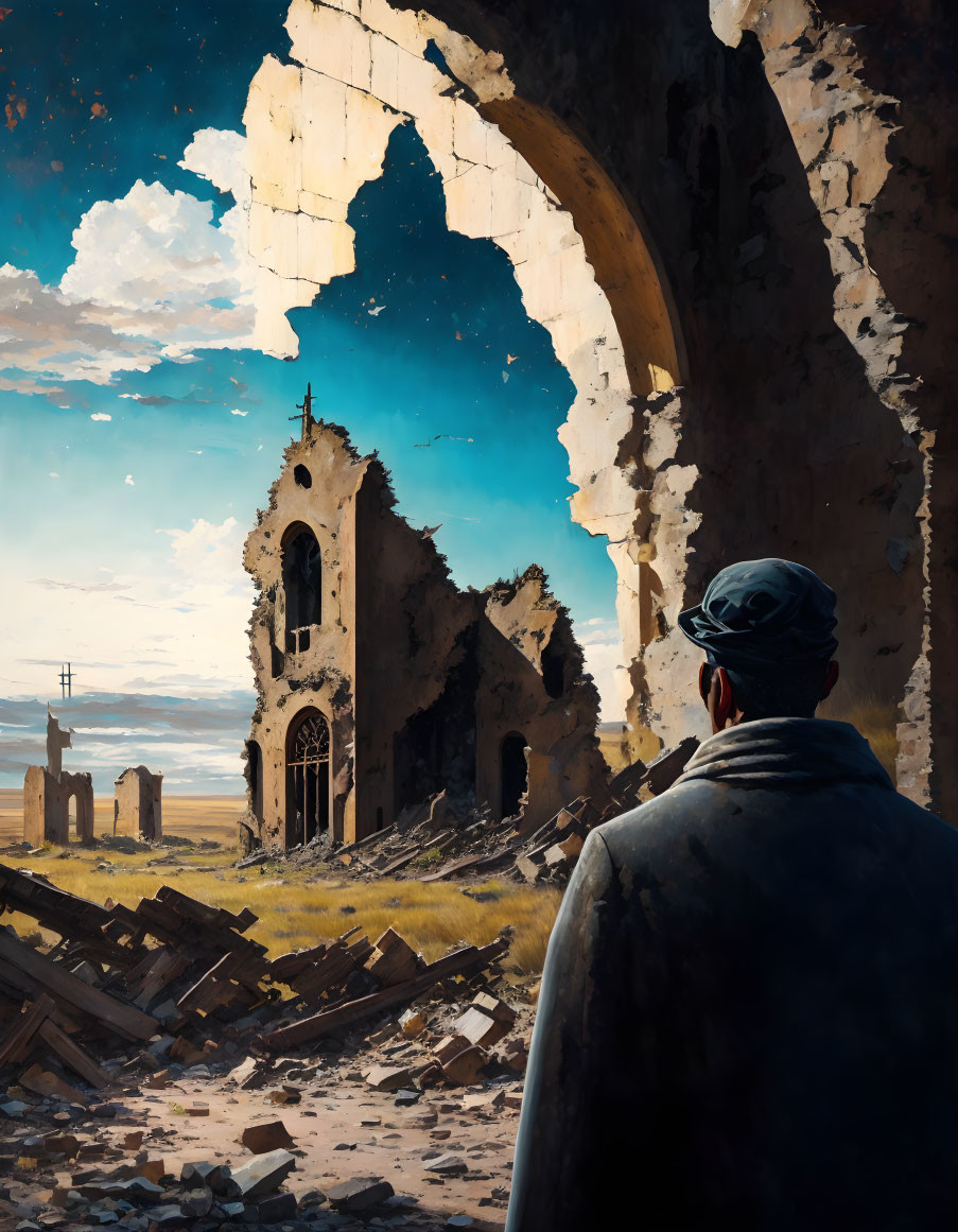 Person in jacket and cap amidst ruins observing dilapidated building under partly cloudy sky