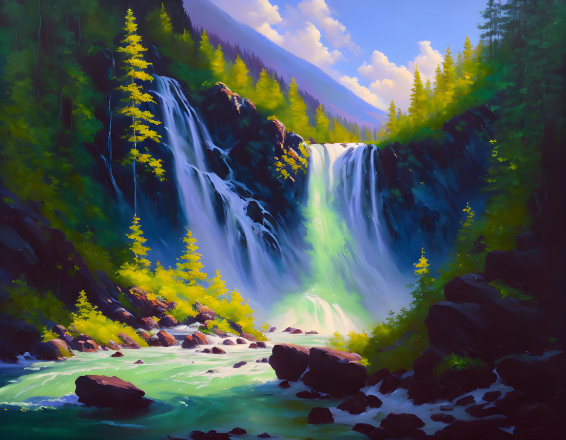 Scenic painting: Waterfall cascading in lush forest