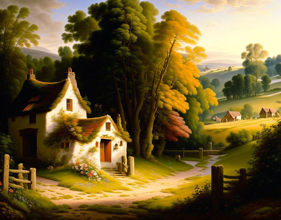 Tranquil countryside landscape with cottage, green trees, and rolling hills