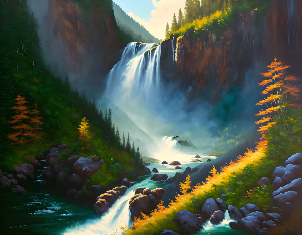 Scenic waterfall landscape with river, trees, cliffs, and sunlight