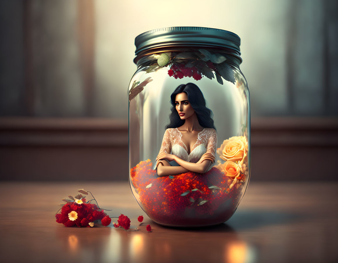 Miniature woman in glass jar surrounded by orange flowers against softly lit backdrop