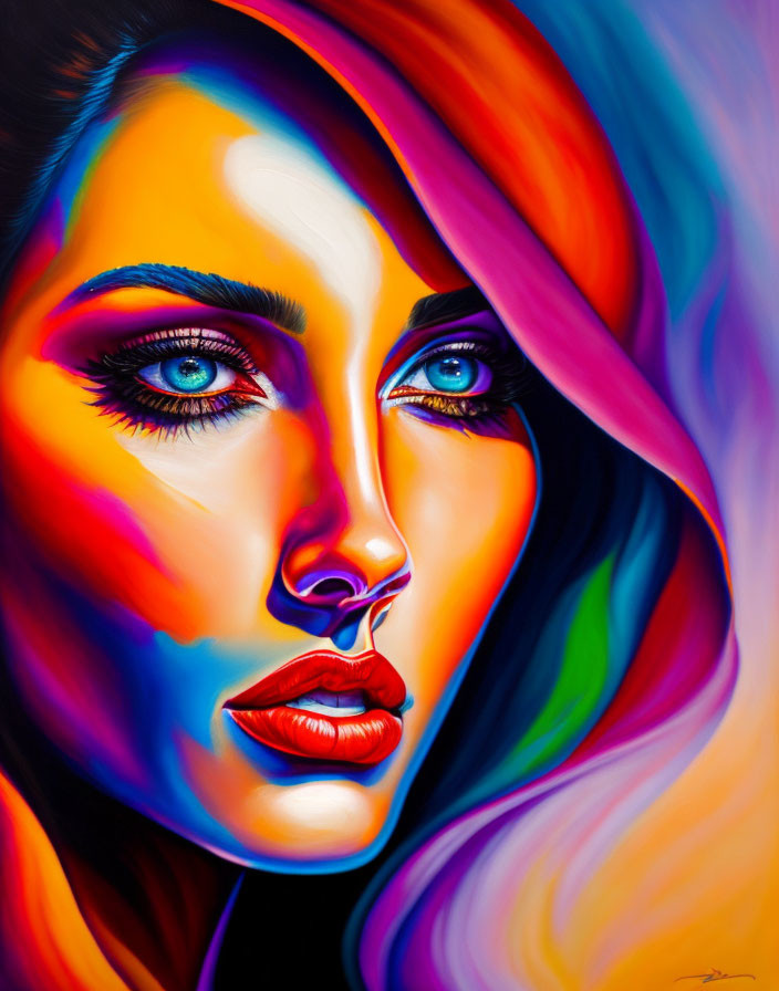 Colorful portrait of a woman with blue eyes and multicolored hair and makeup