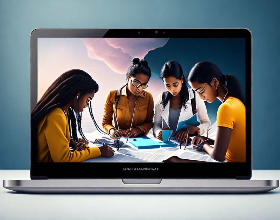 Illustration of four women collaborating on desk with dusk background