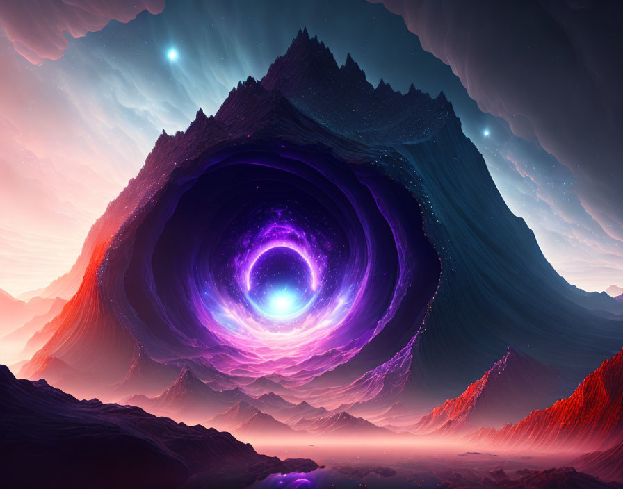 Colorful digital artwork: Cosmic portal, mountains, starlit sky