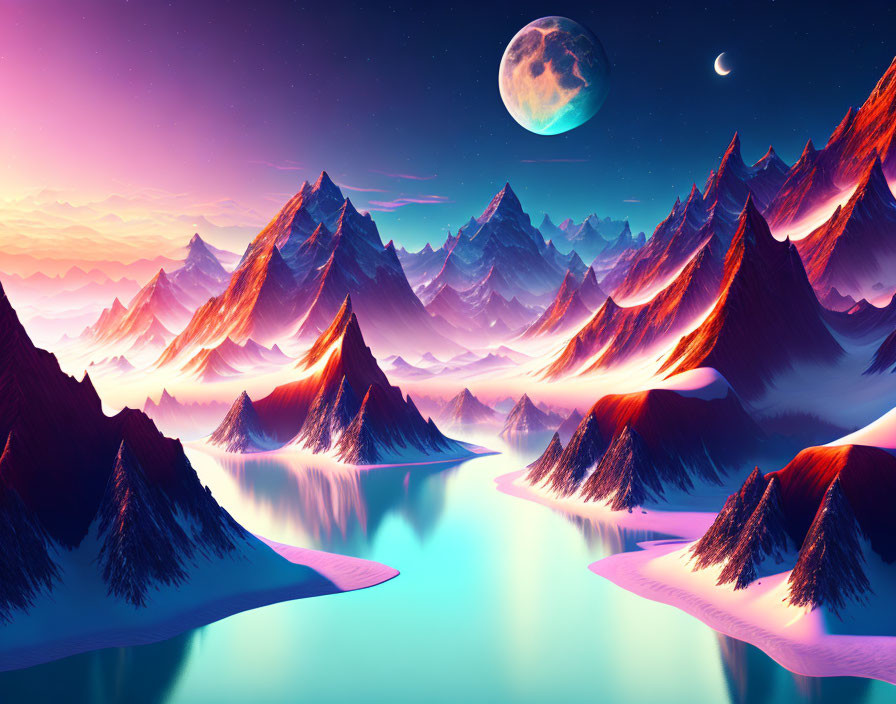 Digital landscape with sharp mountains, purple sky, large moon, crescent moon, and turquoise waters