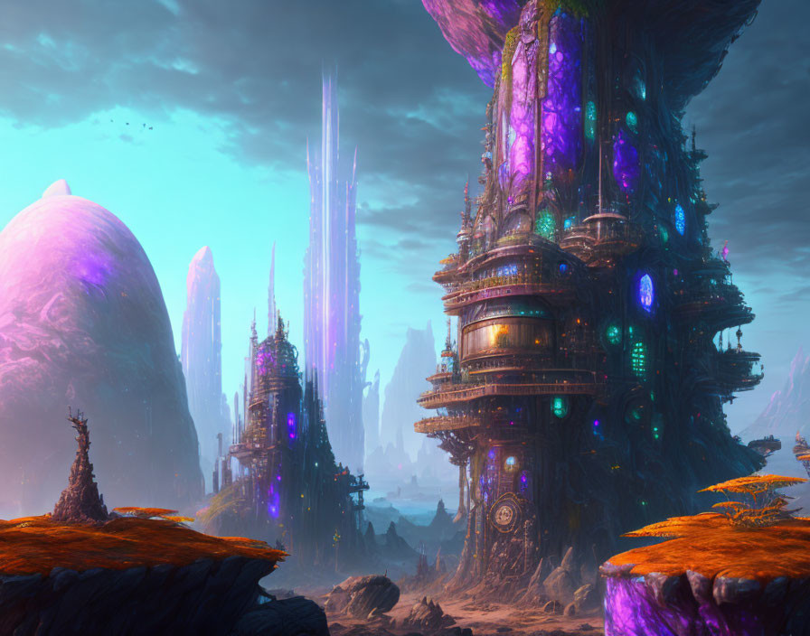 Futuristic alien cityscape with towering spires and glowing lights