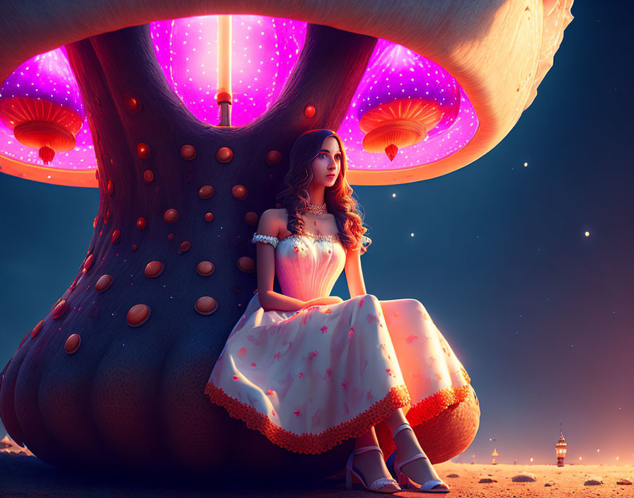 Vintage-dressed woman under giant glowing mushroom in starry night sky