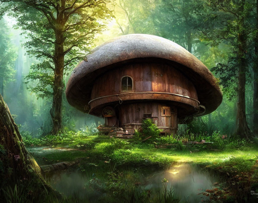 Serene forest scene with whimsical mushroom-shaped house