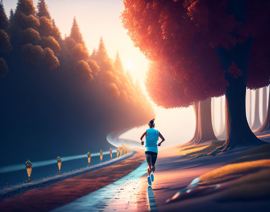 Person jogging on curving path in serene autumn forest at sunset