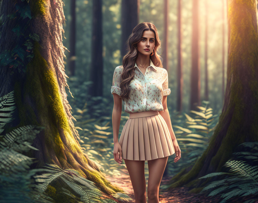 Woman in Pleated Skirt and Blouse in Sunlit Forest