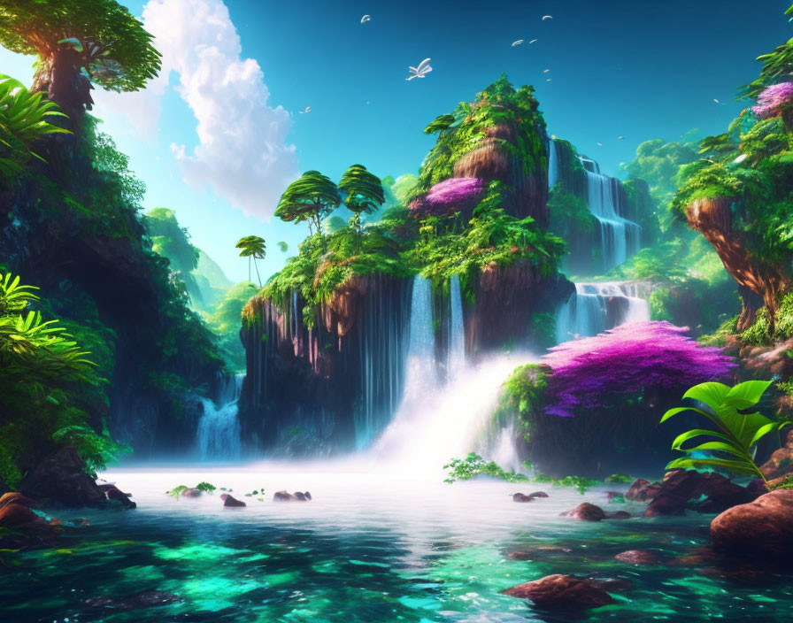 Vibrant waterfalls, verdant cliffs, exotic foliage, turquoise pool, flying birds