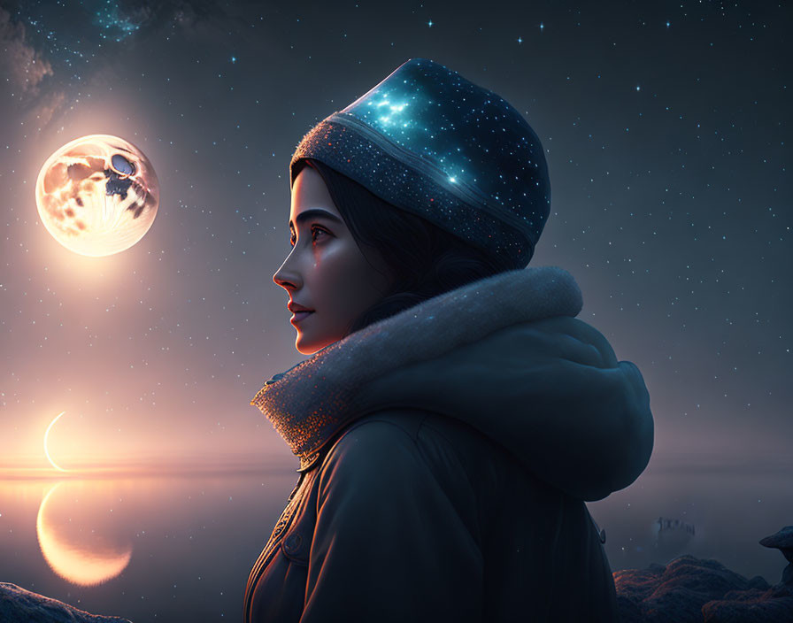 Woman gazing at surreal night sky with glowing moon and celestial body, hat sparkling with stars.