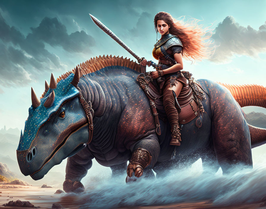 Female warrior in armor riding blue dinosaur-like creature with horns and spear under dramatic sky