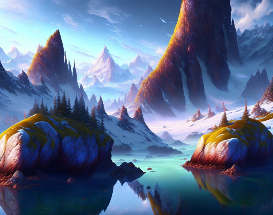 Tranquil digital landscape with majestic mountains and serene lake