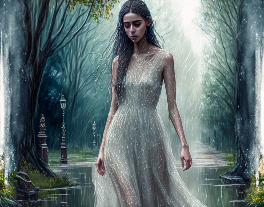 Melancholic woman in white dress on rain-soaked path with vintage streetlamp