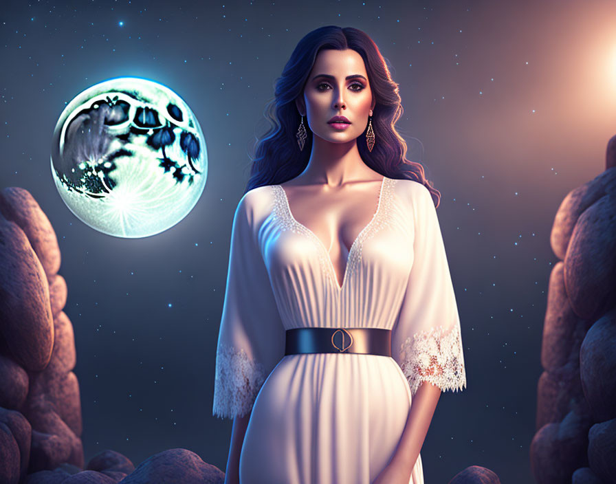 Digital artwork of woman in white dress under starry sky with large moon