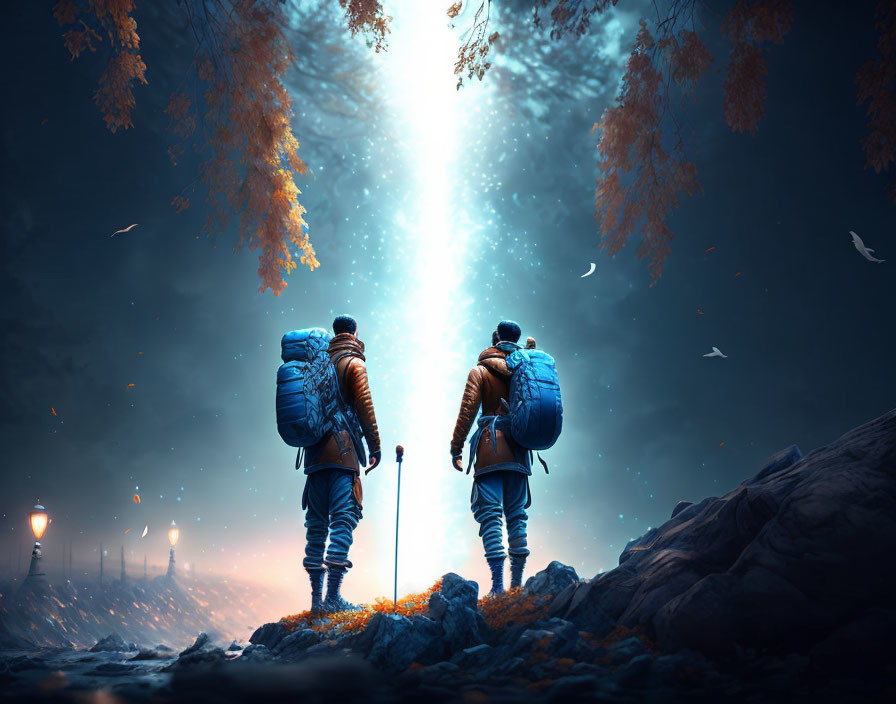 Hikers on rocky terrain under bright beam of light and birds flying