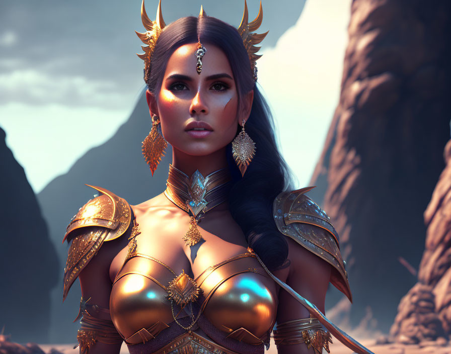 Warrior woman in golden armor and crown in mountain landscape at dusk