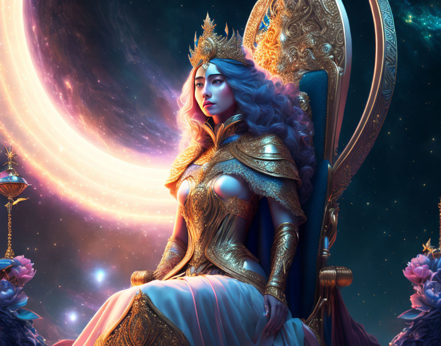 Illustration of majestic queen with blue hair on throne in gold armor with cosmic backdrop and blooming flowers