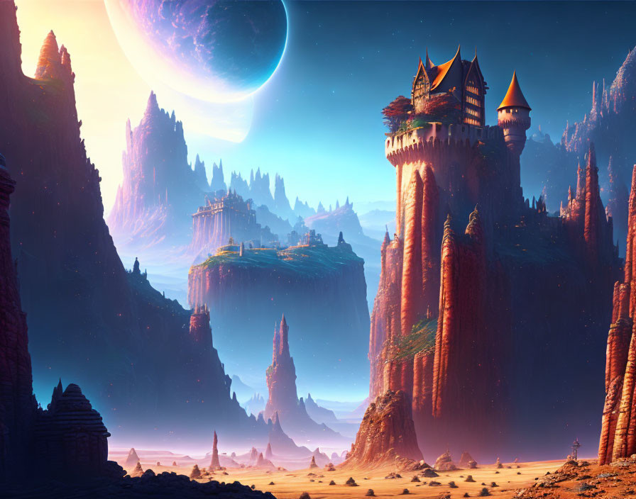 Fantastical landscape with towering rock formations and castles under a large moon