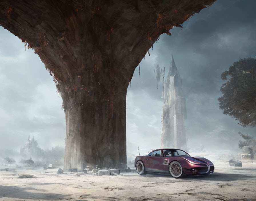 Red sports car parked in desert with rock formations and old structures under hazy sky