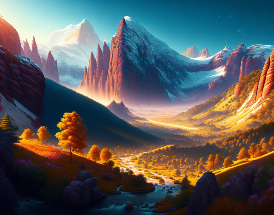 Colorful fantasy landscape with mountains, river, and flora under golden hour light