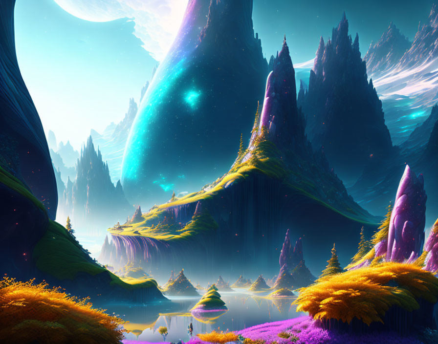 Majestic mountains, celestial bodies, waterfalls, and colorful flora in vibrant fantasy landscape