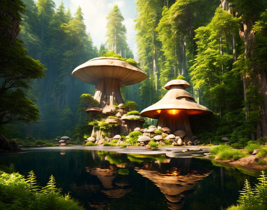 Tranquil forest landscape with fantasy mushrooms by calm lake