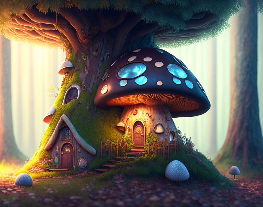 Enchanting forest scene with mushroom house and tree in warm lighting