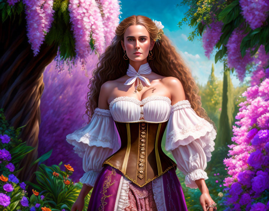 Historical woman in corset among blooming trees with intense gaze