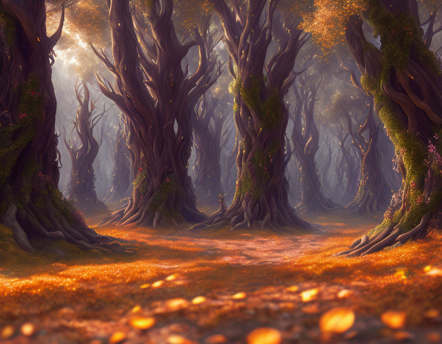 Enchanting Forest Scene with Twisting Trees and Fallen Leaves