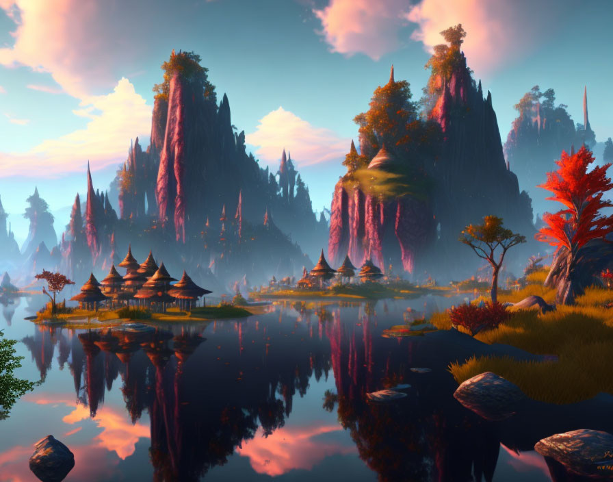 Tranquil fantasy landscape with rock formations, Asian structures, lake, and foliage