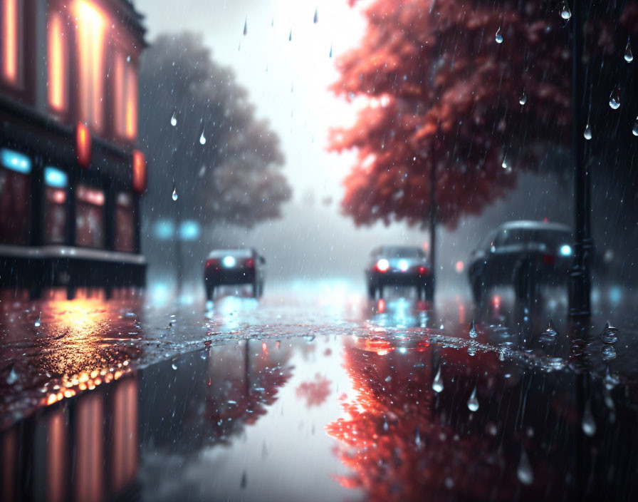 City street scene: Raindrops, cars, autumn trees, and twilight ambiance.