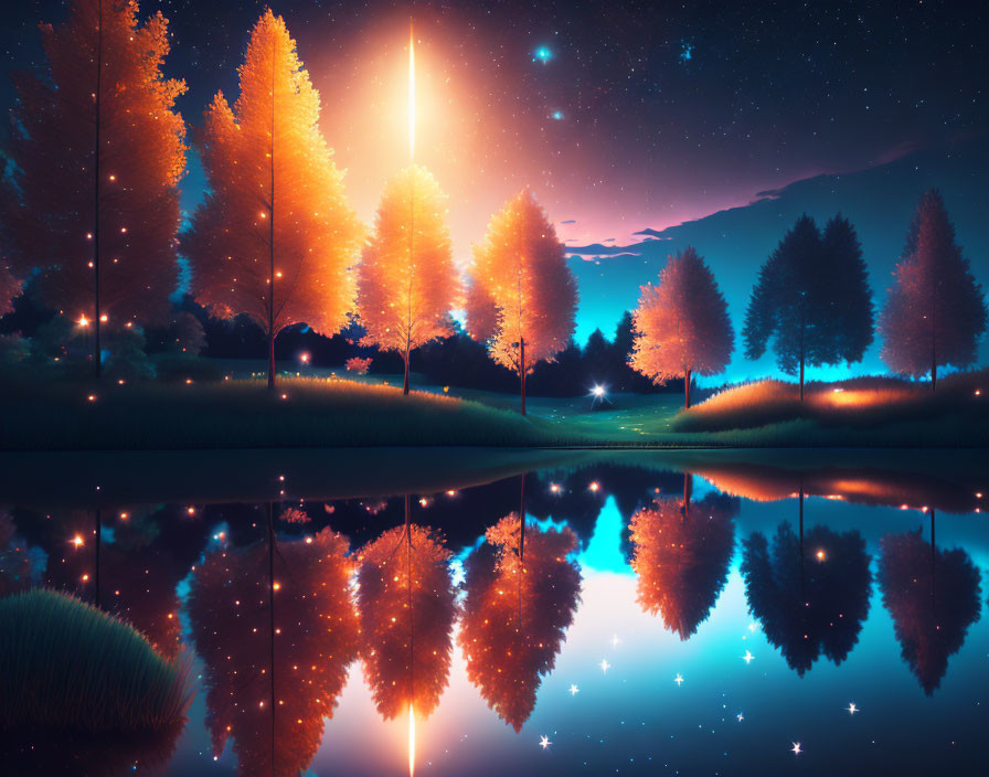 Luminous star-filled sky over orange and blue trees reflected in water