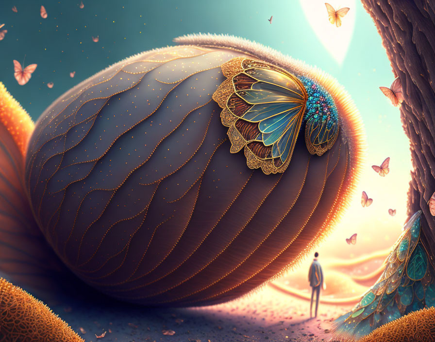 Surreal landscape with giant ornamented egg, person, trees, and butterflies