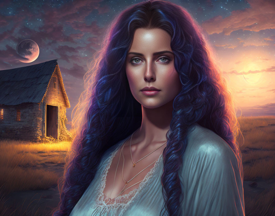 Woman with Blue-Purple Hair in Twilight Sky with Full Moon and Lit Cottage