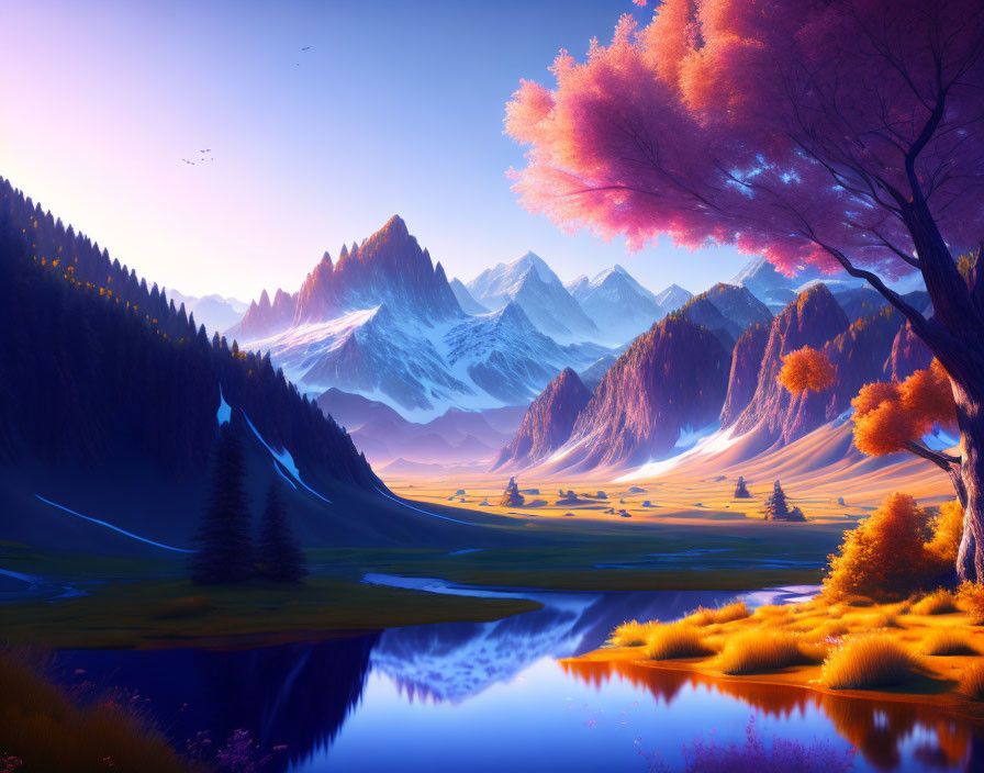 Tranquil lake, autumn trees, mountains, serene sky at sunrise/sunset