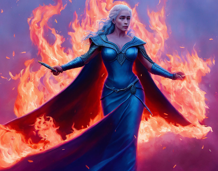 Elaborate Blue Costume Woman Standing in Front of Intense Flames