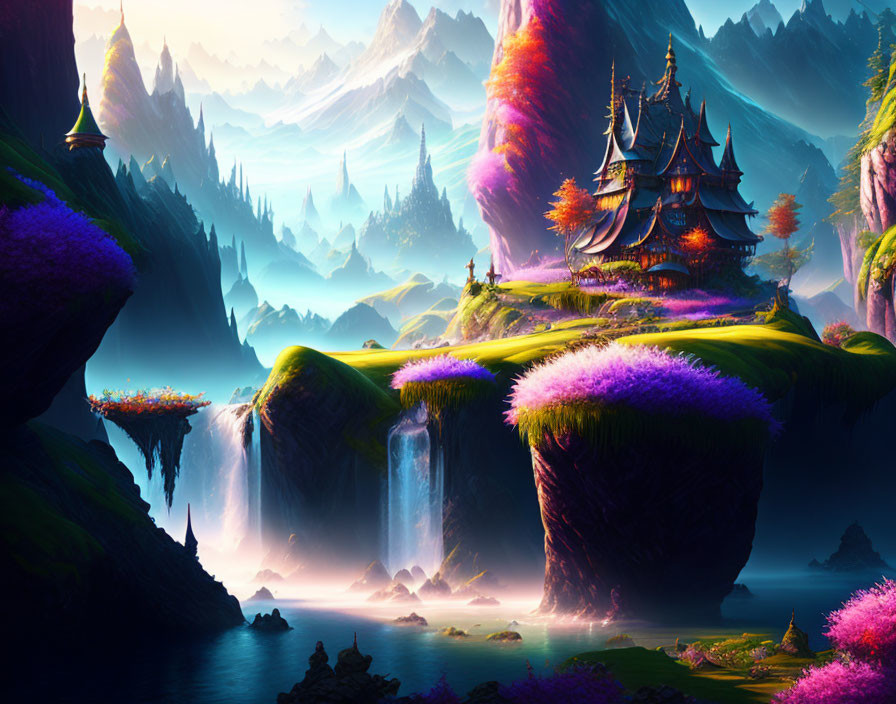 Fantasy Landscape with Purple Foliage, Waterfalls, Islands, and Castle