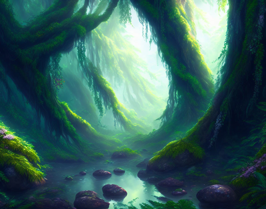 Tranquil forest scene with moss-covered trees and a gentle stream