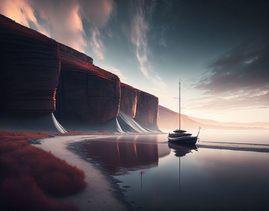 Sailboat on calm water by red grass, cliffs, and sand under dusk sky