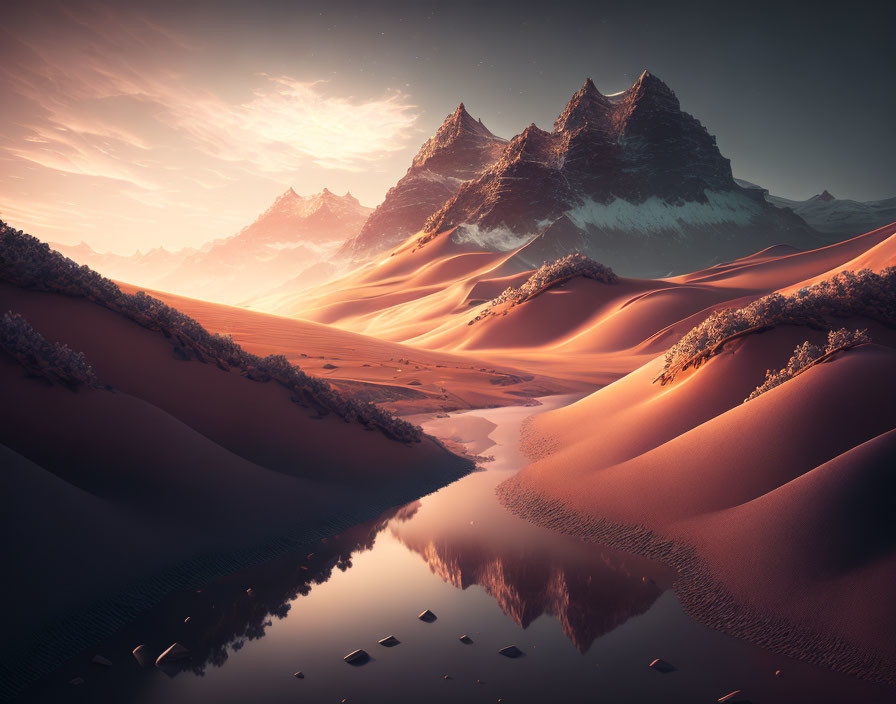 Surreal landscape with reflective water and sand dunes under colorful sky