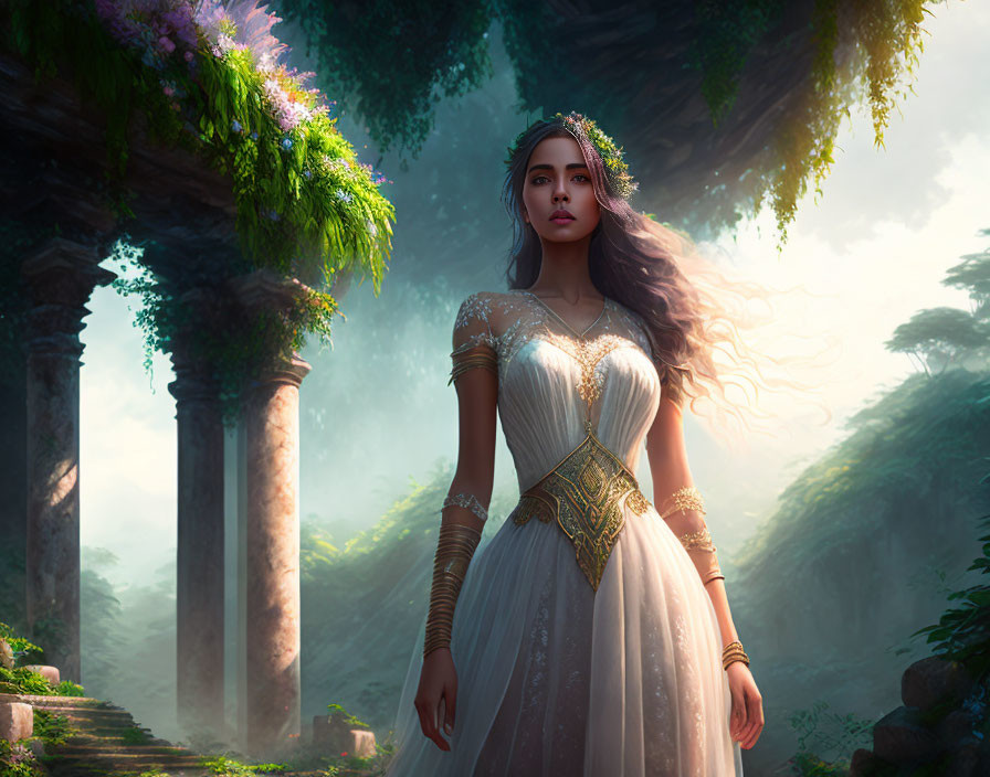 Fantasy-style woman in tiara among ancient ruins and greenery.