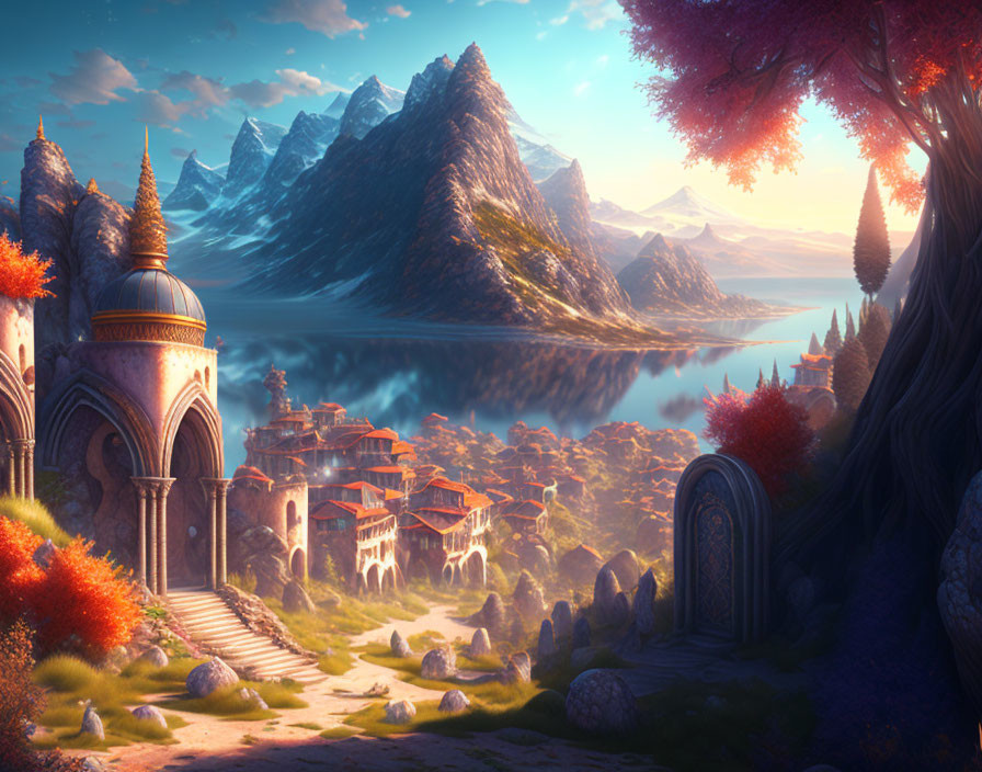 Fantasy landscape with lake, mountains, village & foliage