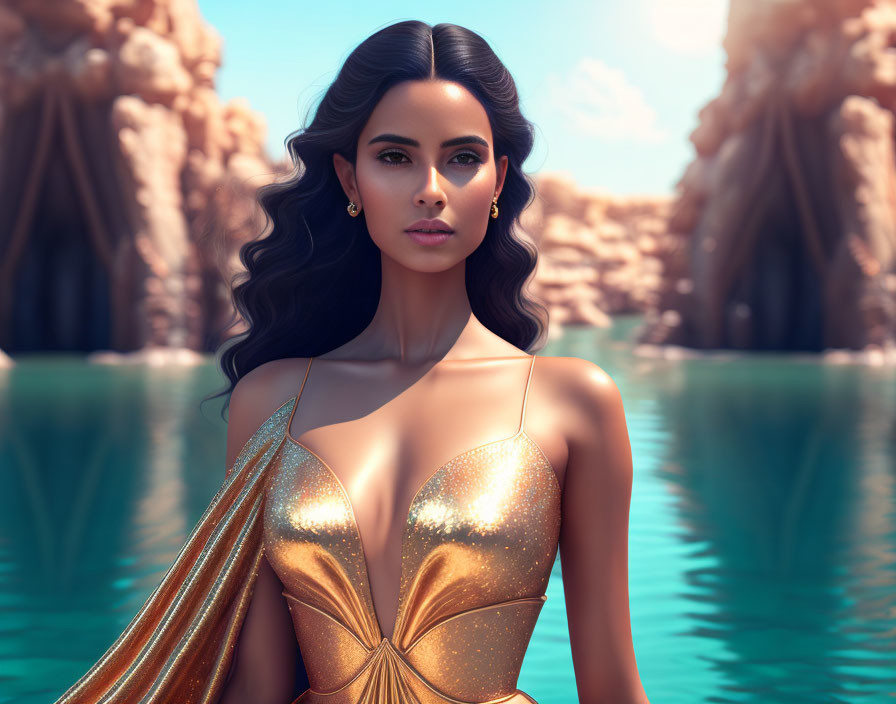 Dark-Haired Woman in Golden Dress by Tranquil Turquoise Lake