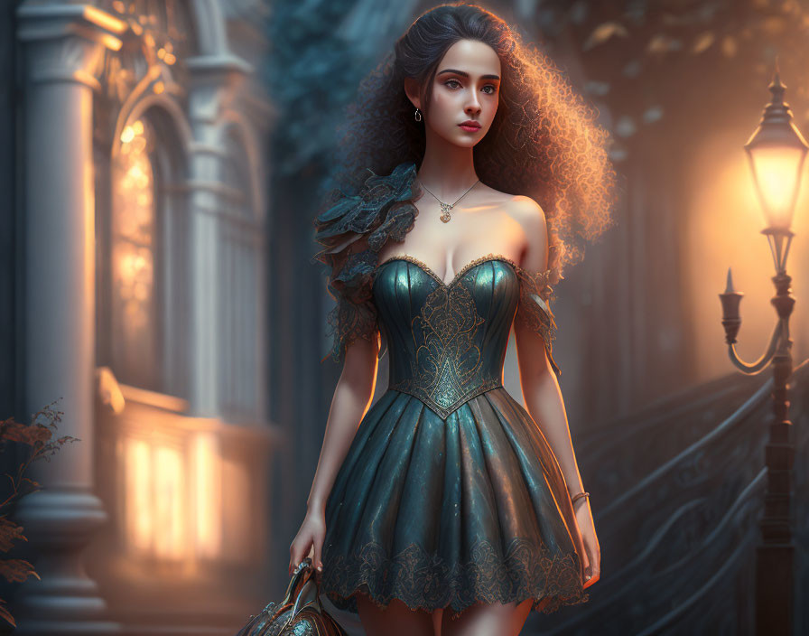 Curly-haired woman in corseted dress by street lamp at twilight