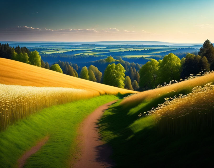 Scenic dirt path through golden fields and green forests