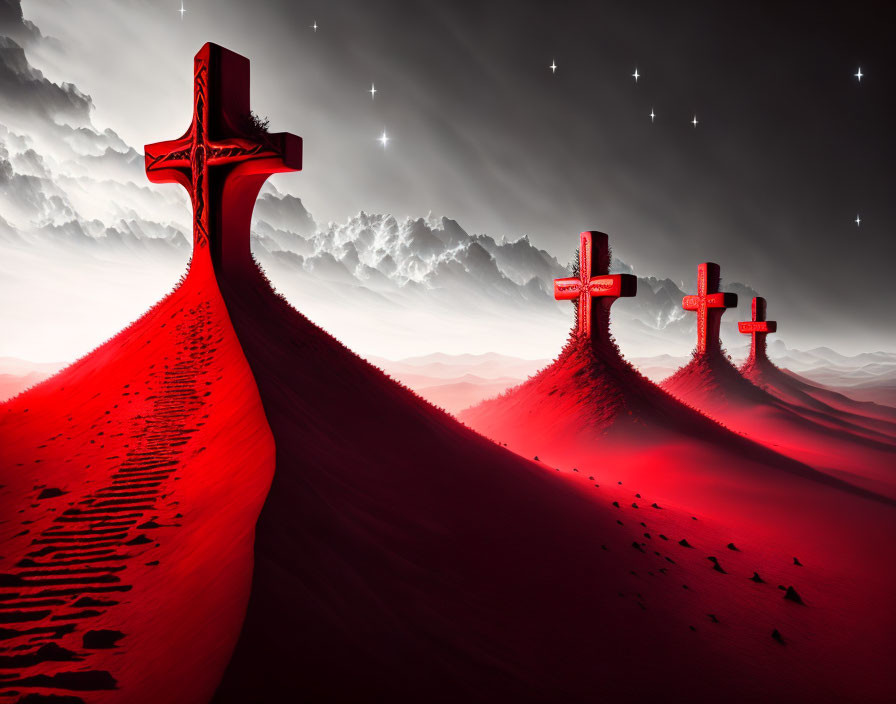 Three Crosses on Blood-Red Sand Dunes Under Starry Sky